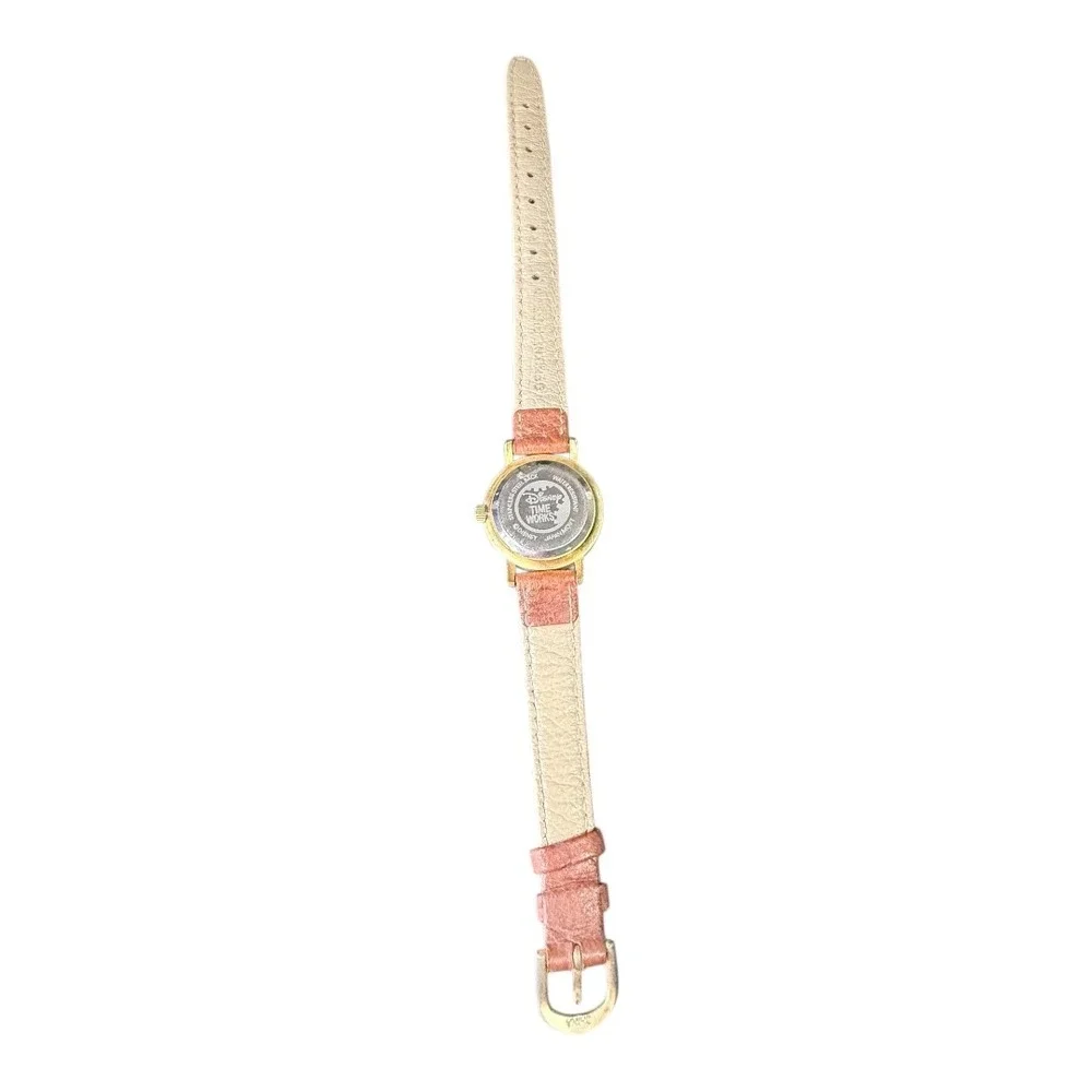 Vintage Disney Minnie Mouse Watch Tan Leather Band Rhinestone Bezel Quartz Gold